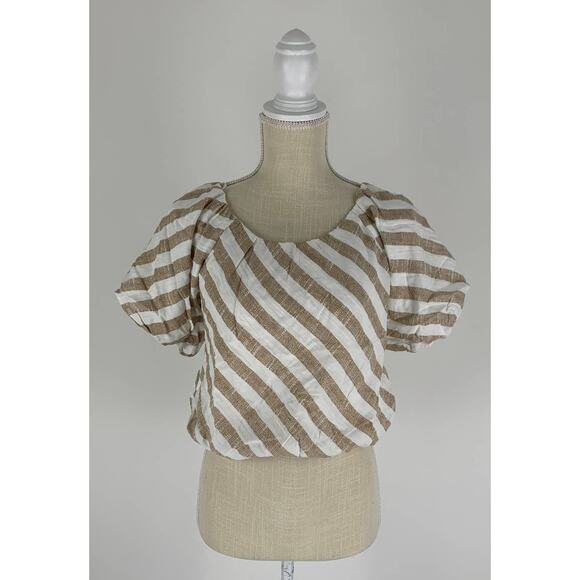 Moon River Striped Crop Top Puff Sleeve Womens Small Ivory Böhme New - Picture 1 of 7